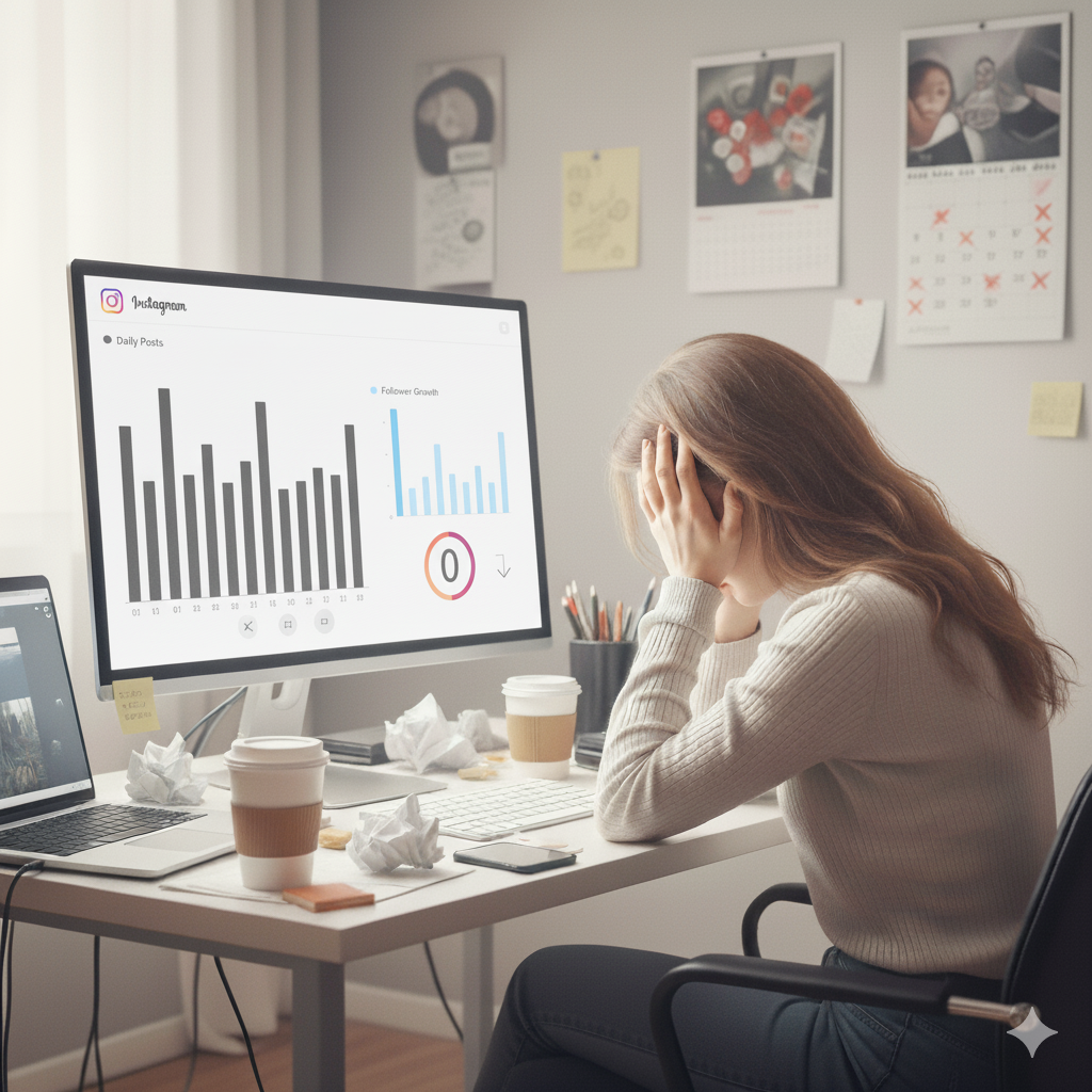 SNS数値が伸びずに悩む人のイラスト